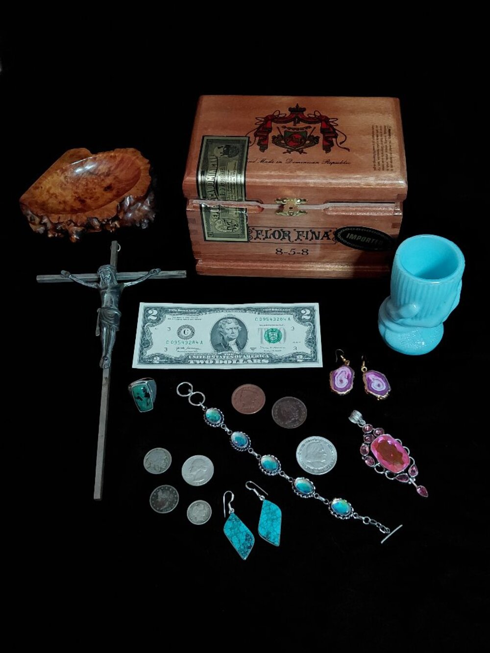 Vintage & Antique Lot - sterling silver jewelry - US coins & wood sculpture